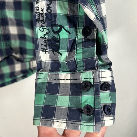 Jack & Jones Blue, Green & White Checkered Plaid Long Sleeve Button Down Shirt - Picture 3 of 8